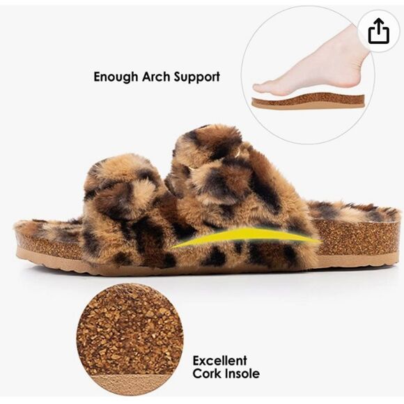 FITORY Womens Open Toe Slipper w/ Cozy Lining,Faux Rabbit Fur Cork Slide leopard - Picture 3 of 9
